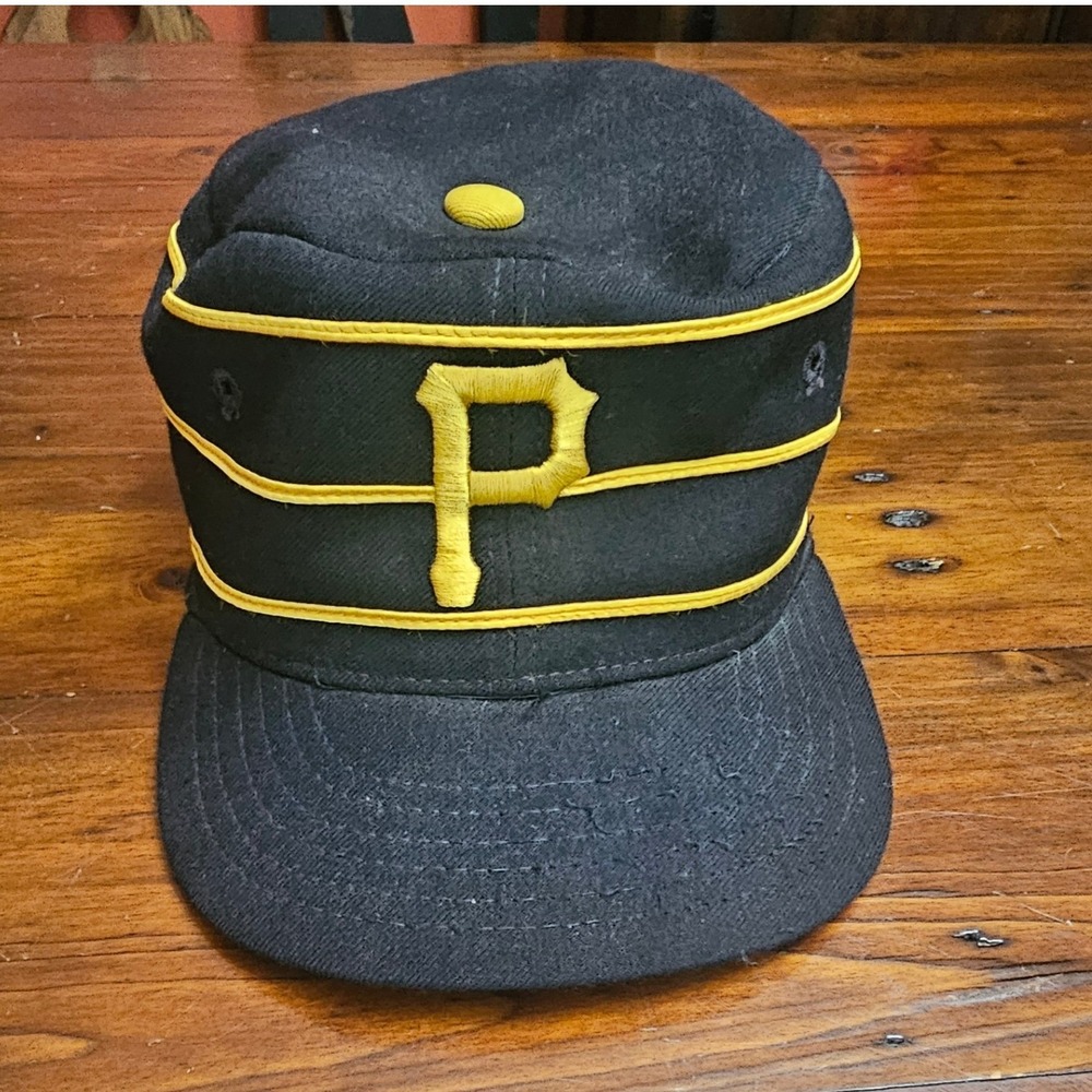 Vintage New Era Pittsburgh Pirates Pillbox Hat Black Yellow Wool Fitted 7 5/8